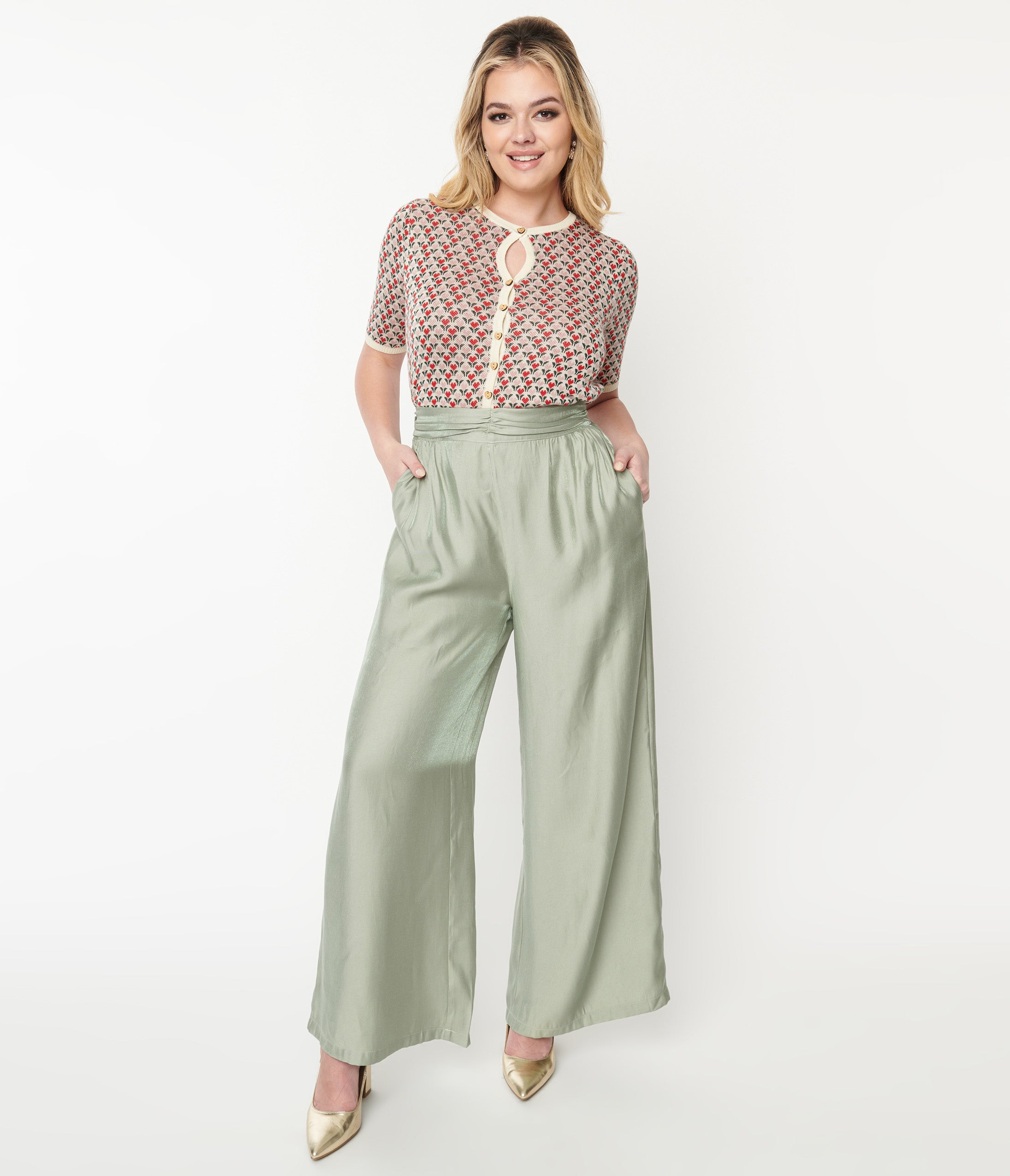 

1940S Sage Green Wide Leg Trousers