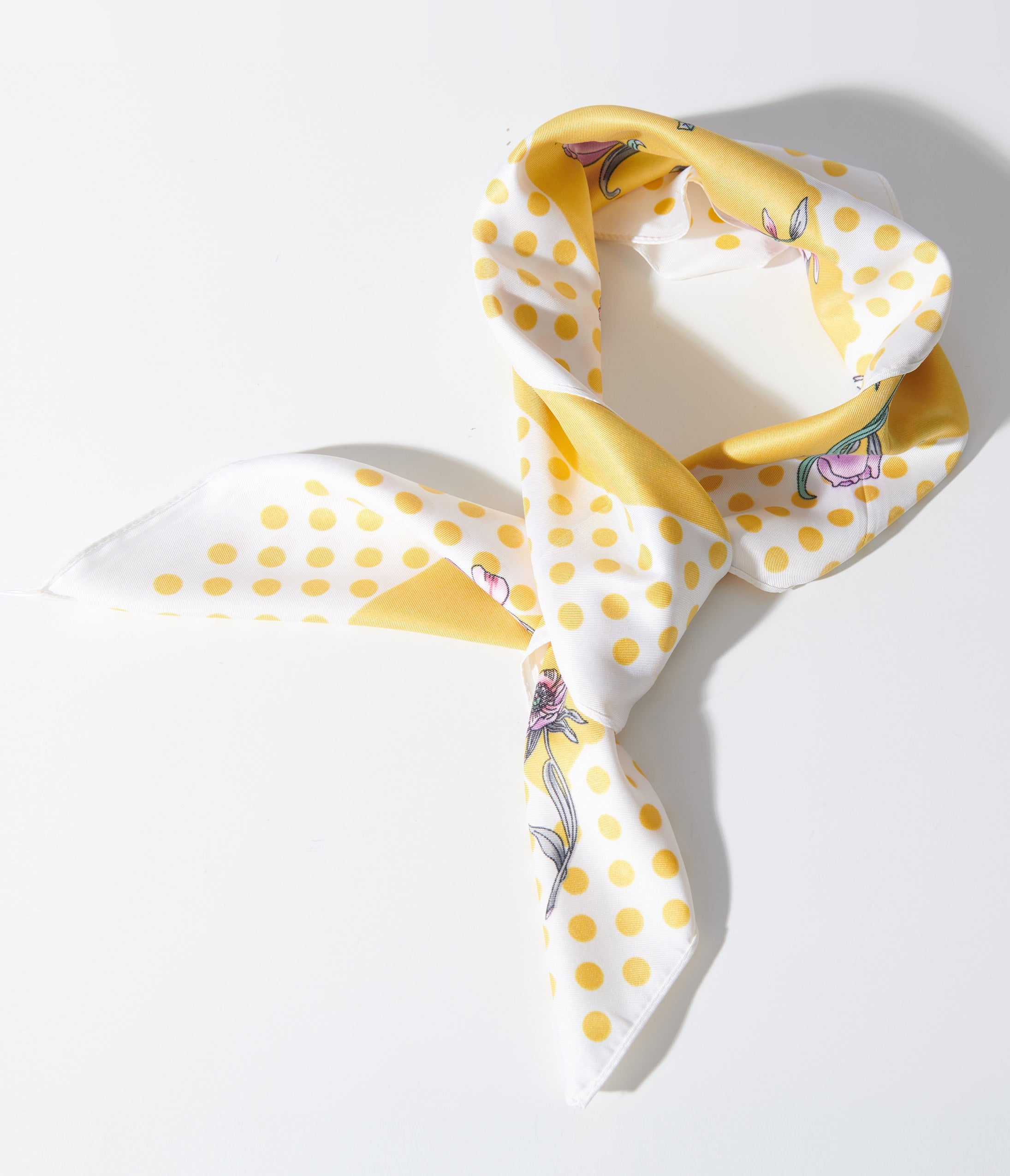 

1940S Yellow Polka Dot & Ditsy Floral Print Satin Hair Scarf