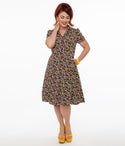 Floral Print Short Sleeves Sleeves Fit-and-Flare Collared Vintage Pocketed Fitted Button Front Dress