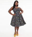 Strapless General Print Cotton Bandeau Neck Swing-Skirt Pleated Pocketed Dress