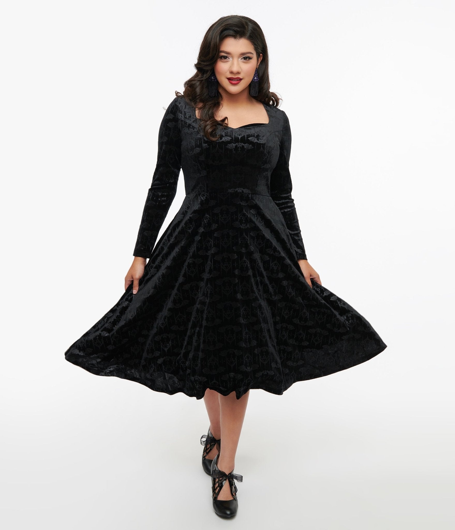 

1950S Black Velvet Bat Print Fit & Flare Dress