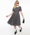 Tie Waist Waistline Pocketed Vintage Swing-Skirt Short Sleeves Sleeves Collared Polka Dots Print Dress