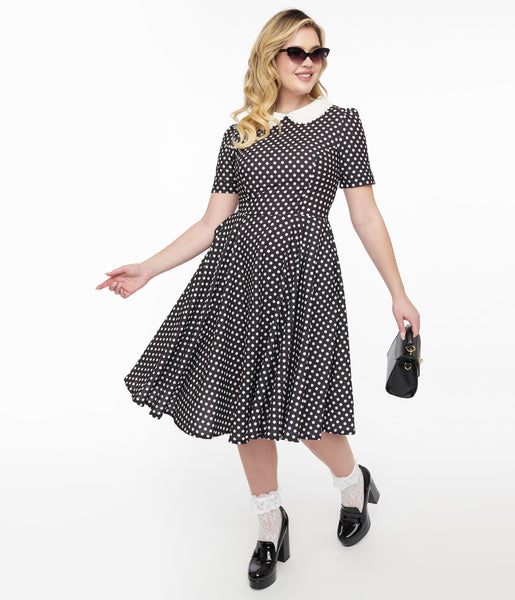 Pocketed Vintage Polka Dots Print Short Sleeves Sleeves Tie Waist Waistline Collared Swing-Skirt Dress