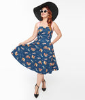 General Print Cotton Self Tie Halter Sweetheart Swing-Skirt Dress