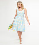 Floral Print Sleeveless Cotton Back Zipper Button Front Pocketed Belted Swing-Skirt Dress With a Bow(s)