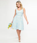 Cotton Floral Print Pocketed Button Front Belted Back Zipper Sleeveless Swing-Skirt Dress With a Bow(s)