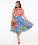 1950s Blue & Apple Print Swing Skirt
