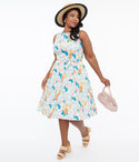 Swing-Skirt Sleeveless Cotton Tie Waist Waistline Pocketed Back Zipper Scoop Neck General Print Beach Dress With a Sash