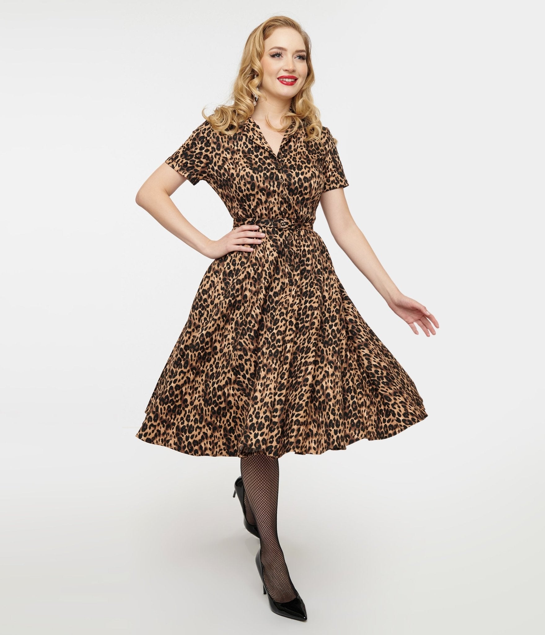 

1950S Cheetah Girl Belted Swing Dress