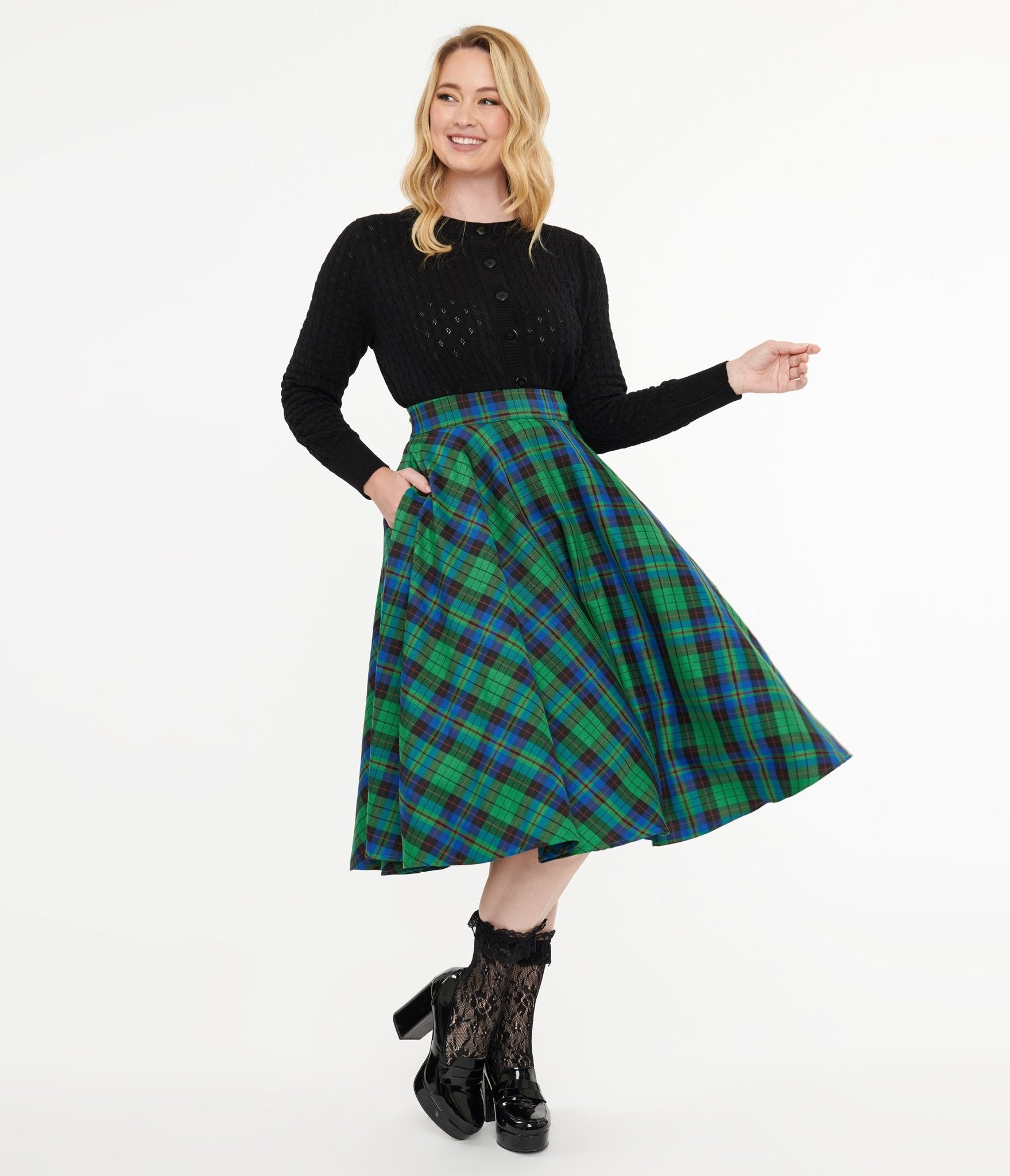 

1950's Green & Blue Winter Check Swing Skirt