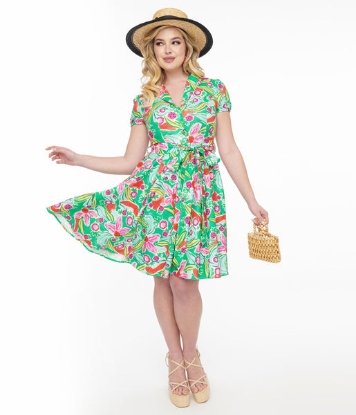 Short Sleeves Sleeves Fit-and-Flare Tie Waist Waistline Side Zipper Fitted Self Tie Pocketed General Print Dress