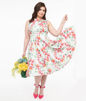 Sleeveless Cotton Floral Print Bateau Neck Collared Swing-Skirt Dress