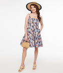 Boat Neck Sweetheart Sleeveless Floral Print Pocketed Cotton Dress