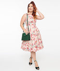 Sleeveless Swing-Skirt Floral Print Boat Neck Side Zipper Button Closure Vintage Dress