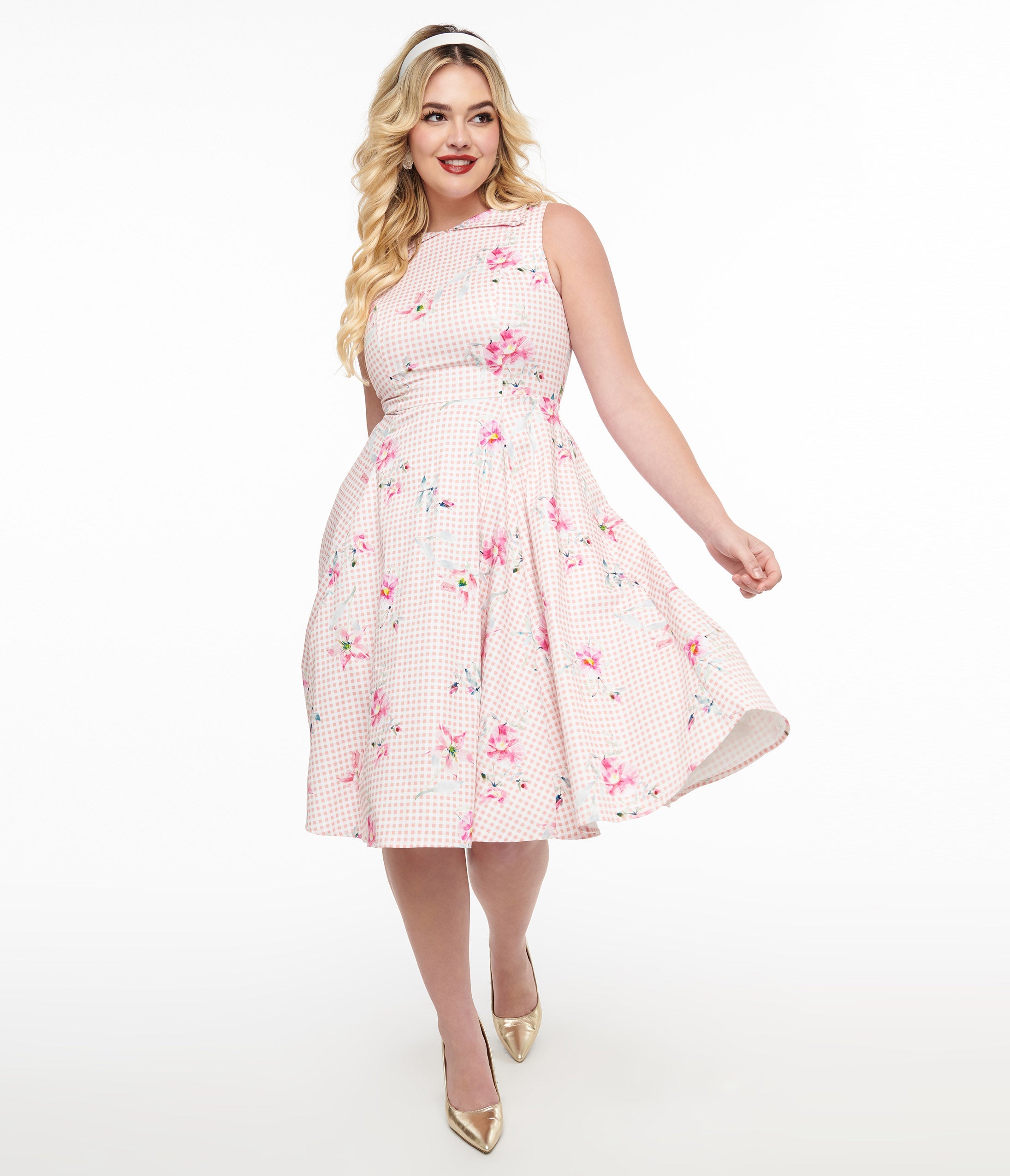 

1950S Pink Gingham & Floral Cotton Swing Dress