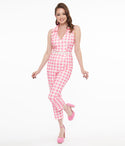 Collared Knit Button Front Checkered Gingham Print Sleeveless Jumpsuit