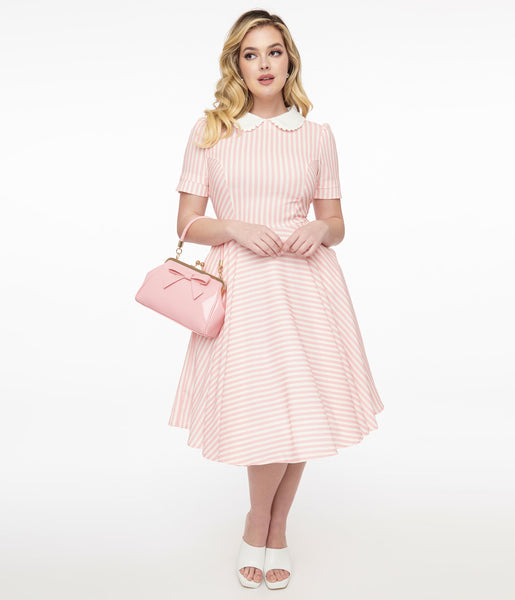 Tie Waist Waistline Striped Print Swing-Skirt Collared Pocketed Vintage Short Sleeves Sleeves Dress