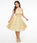 Cotton Floral Print Sleeveless Pocketed Back Zipper Button Front Belted Swing-Skirt Dress With a Bow(s)