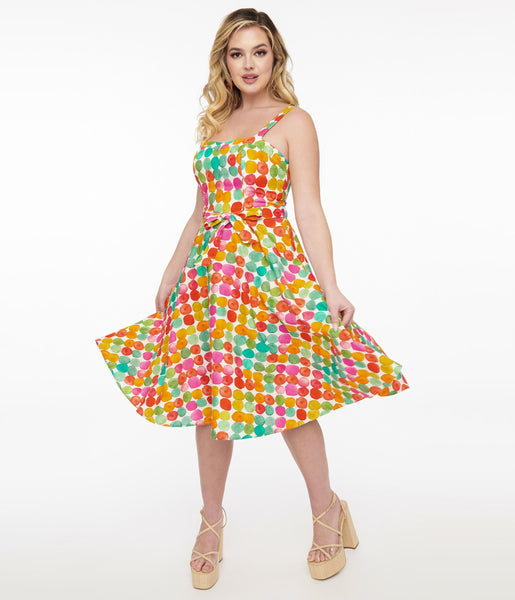 Swing-Skirt Polka Dots Print Tie Waist Waistline Smocked Sweetheart Side Zipper Vintage Pocketed Dress With a Sash