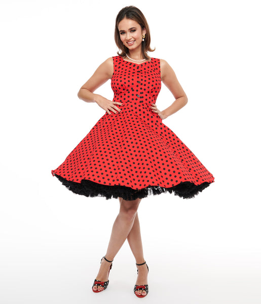 Fitted Button Front Back Zipper Pocketed Vintage Fit-and-Flare Polka Dots Print Dress