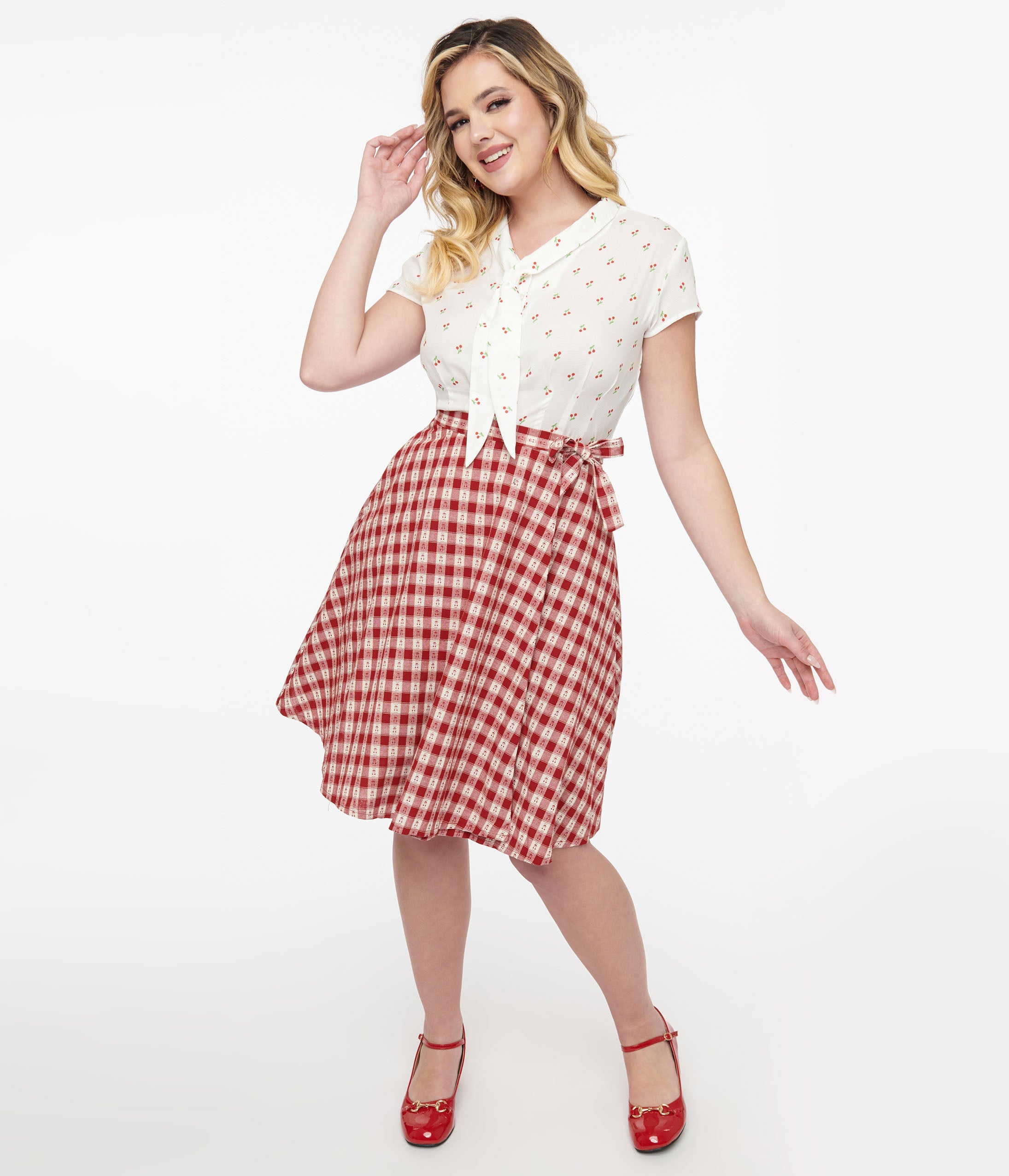 

1950S Red Plaid Cherry Cotton Wrap Swing Skirt