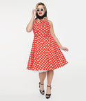 Sleeveless Swing-Skirt Cotton Polka Dots Print Pocketed Back Zipper Vintage Tie Waist Waistline Dress With a Sash