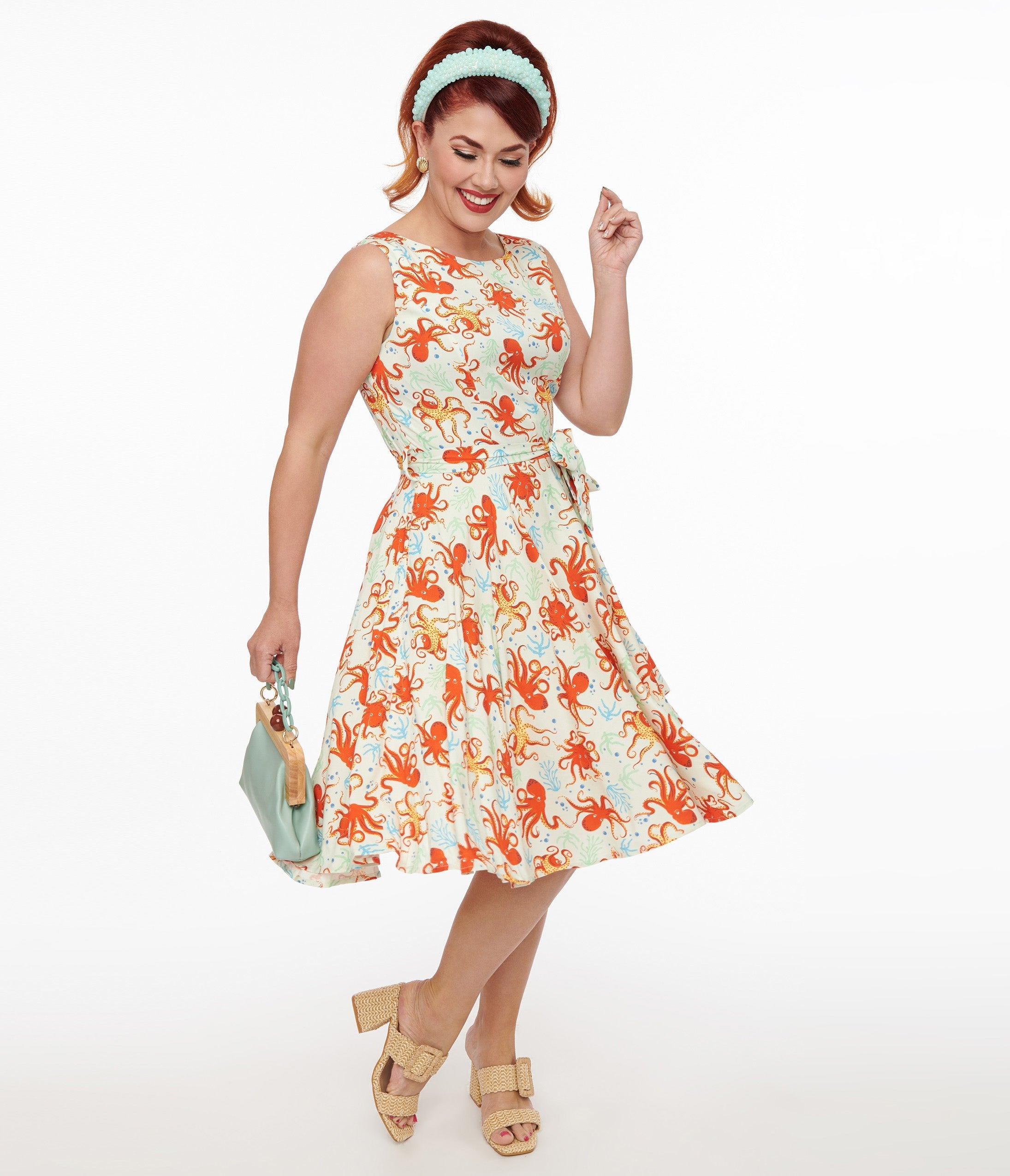 

1950S Retro Orange Octopus Print Swing Dress