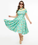 Side Zipper Vintage Swing-Skirt Short Sleeves Sleeves Off the Shoulder General Print Dress