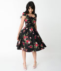 Sweetheart Swing-Skirt Floral Print Cap Sleeves Natural Princess Seams Waistline Cotton Dress