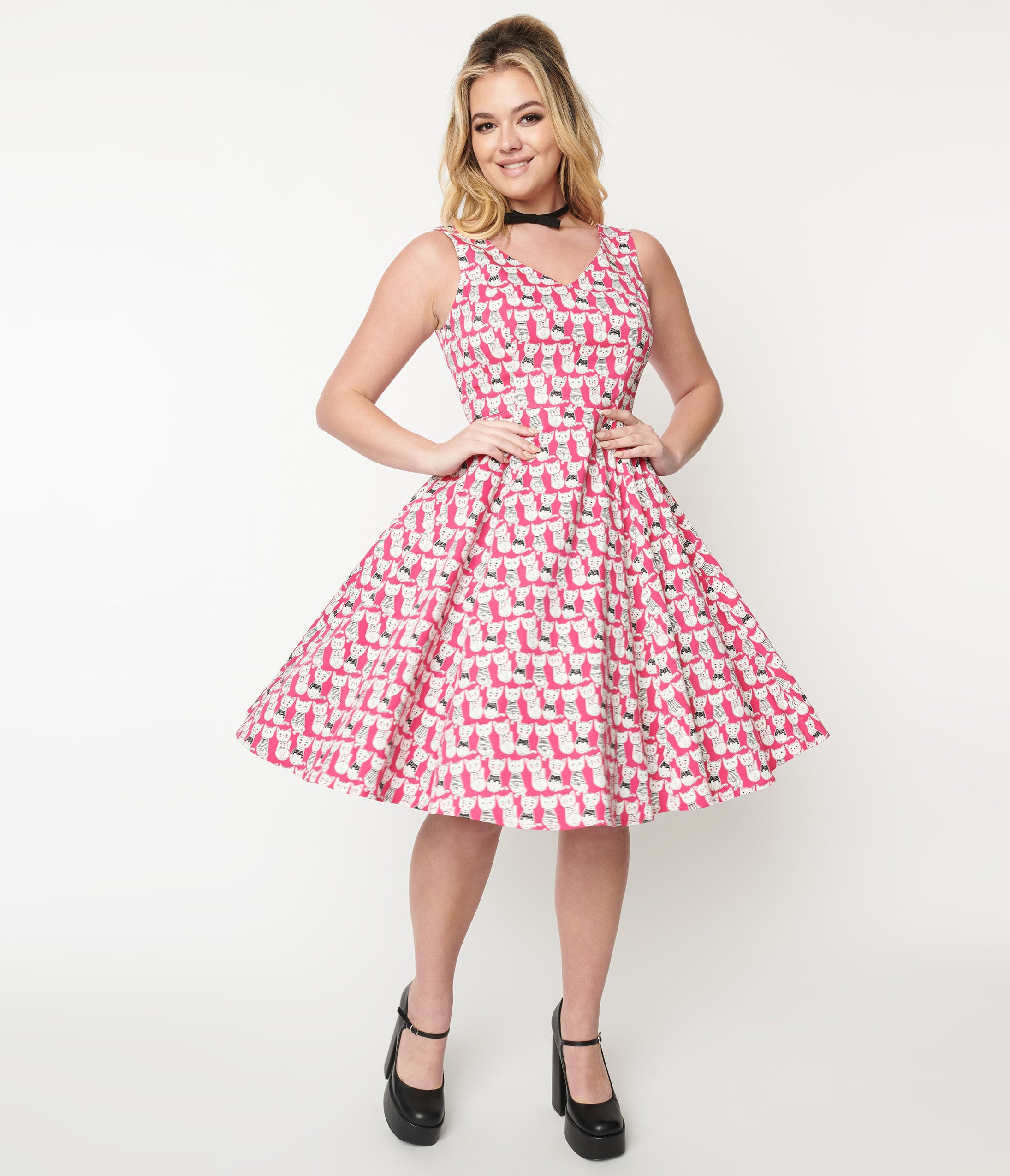 

1950S Style Hot Pink Cat Print Sleeveless Swing Dress