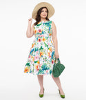 Swing-Skirt Cotton Scoop Neck Flowy Pocketed Floral Print Dress