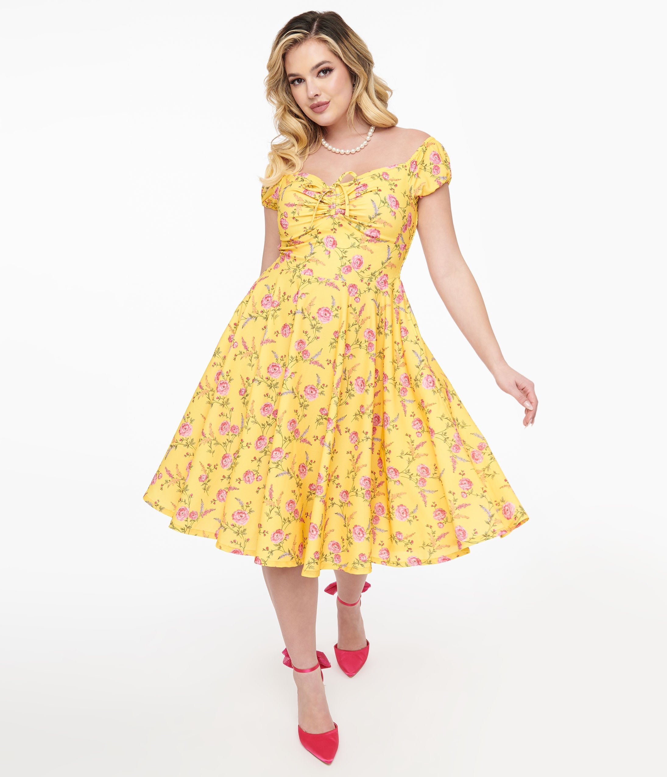 

1950S Yellow & Fuchsia Floral Victoria Swing Dress