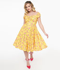 Floral Print Smocked Sweetheart Swing-Skirt Puff Sleeves Sleeves Off the Shoulder Pocketed Dress