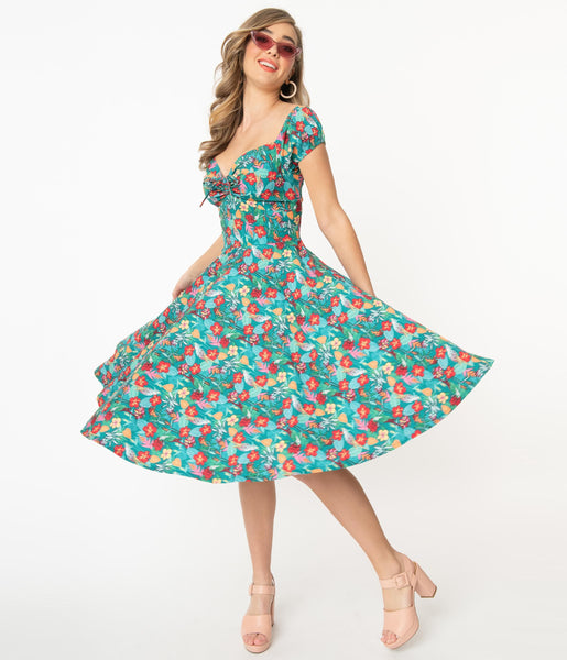 Sexy Swing-Skirt Banding Back Zipper Bardot Neck Sweetheart Floral Print Dress