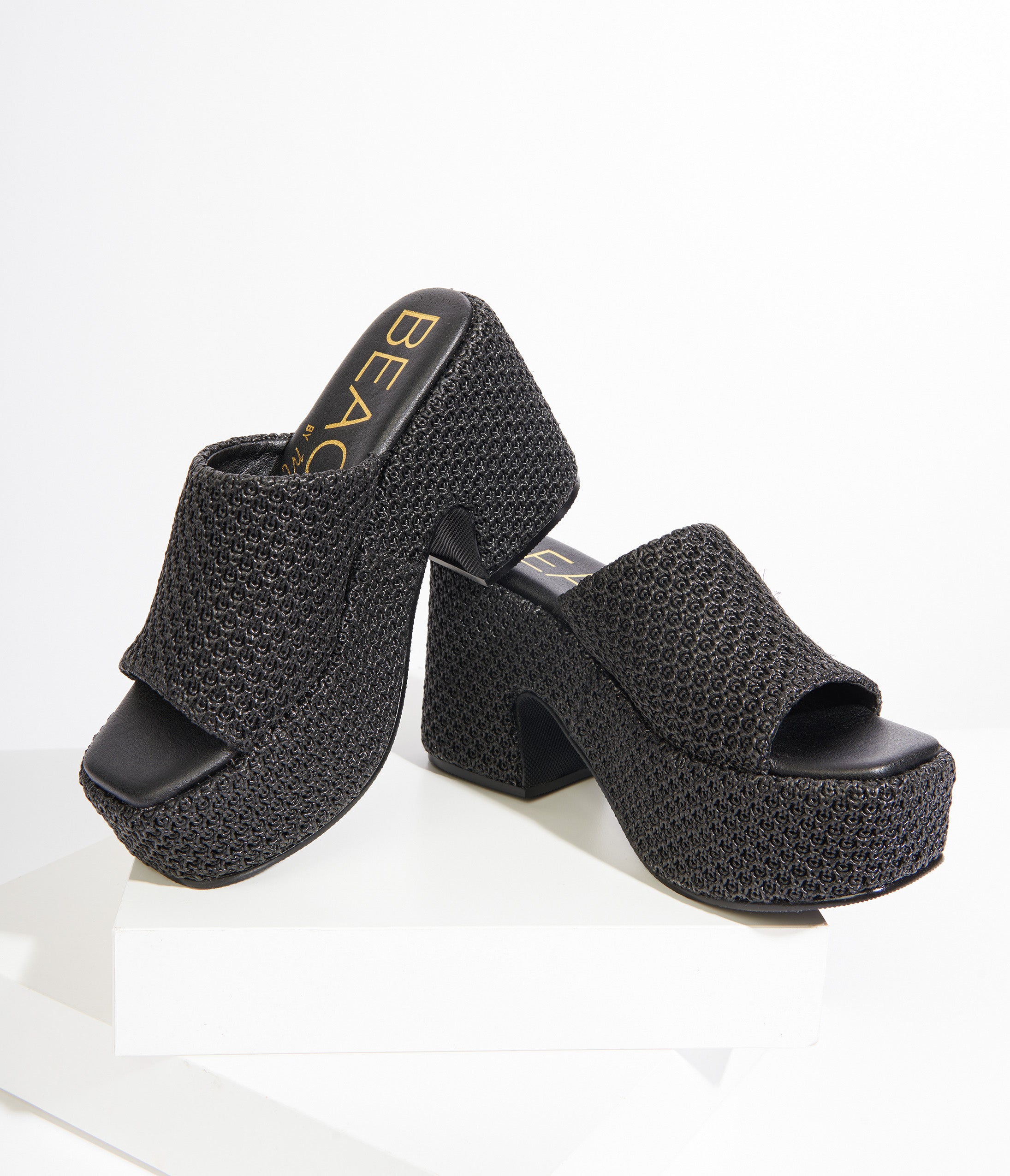 

1970S Black Woven Jute Platform Mule Sandals