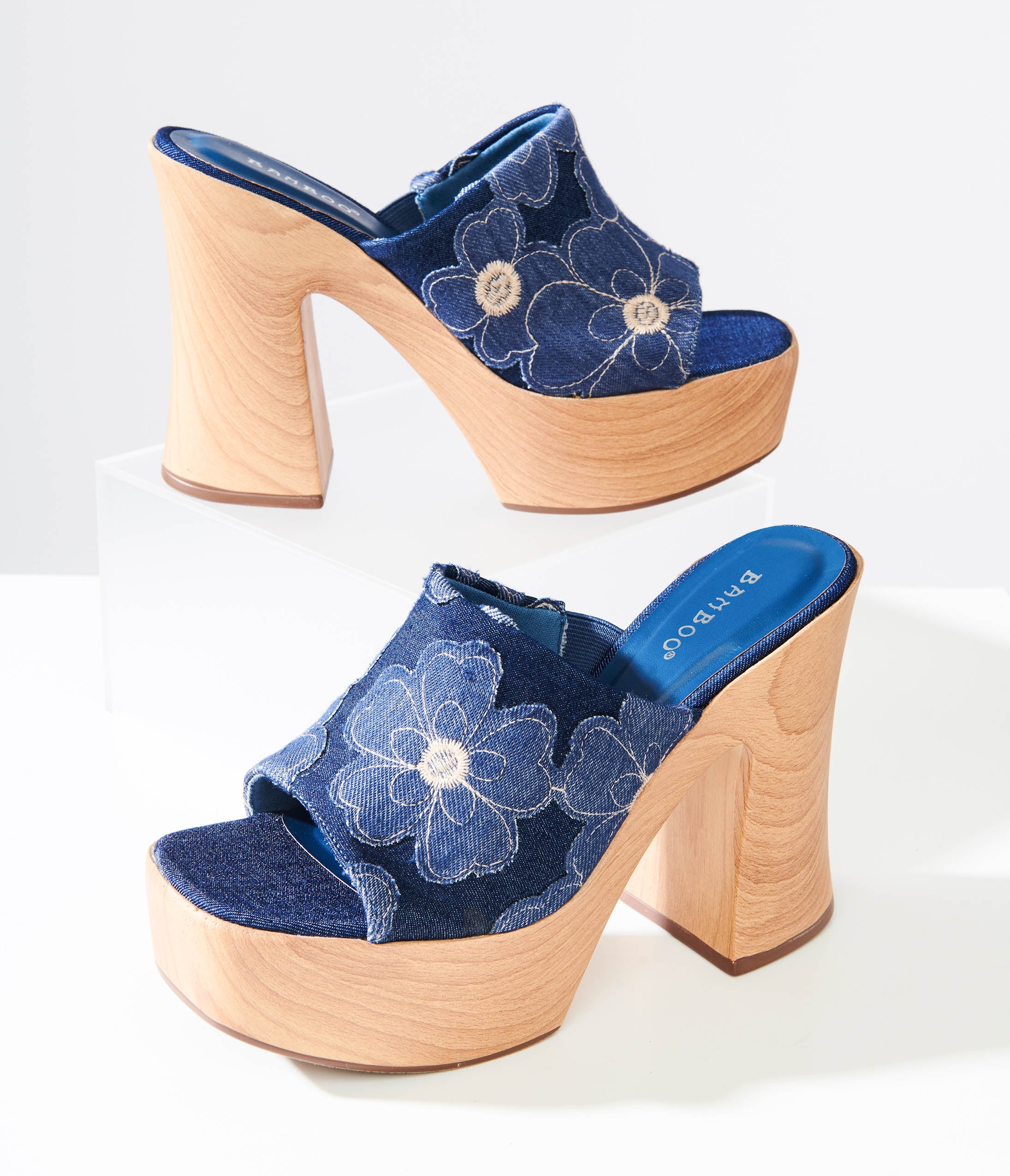 

1970S Blue Denim Floral Platform Mule Sandals