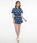 Button Front Pocketed Floral Print Elasticized Waistline Short Sleeves Sleeves Romper