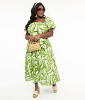 Pocketed Smocked Puff Sleeves Sleeves Off the Shoulder Cotton General Print Midi Dress
