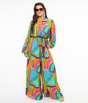 Elasticized Tie Waist Waistline Button Front Pocketed Geometric Print Long Sleeves Jumpsuit With a Sash