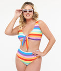 1970s Rainbow Stripe Two Piece Swim Set