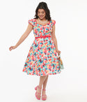 Pocketed Back Zipper Button Front Belted Sweetheart Floral Print Dress