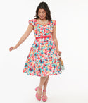 Sweetheart Button Front Back Zipper Belted Pocketed Floral Print Dress