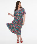 Plus Size Floral Print Pocketed Belted Button Front Collared Short Sleeves Sleeves Party Dress/Midi Dress