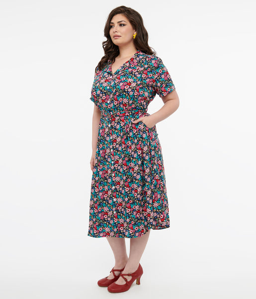 Plus Size Floral Print Short Sleeves Sleeves Button Front Pocketed Belted Collared Party Dress/Midi Dress