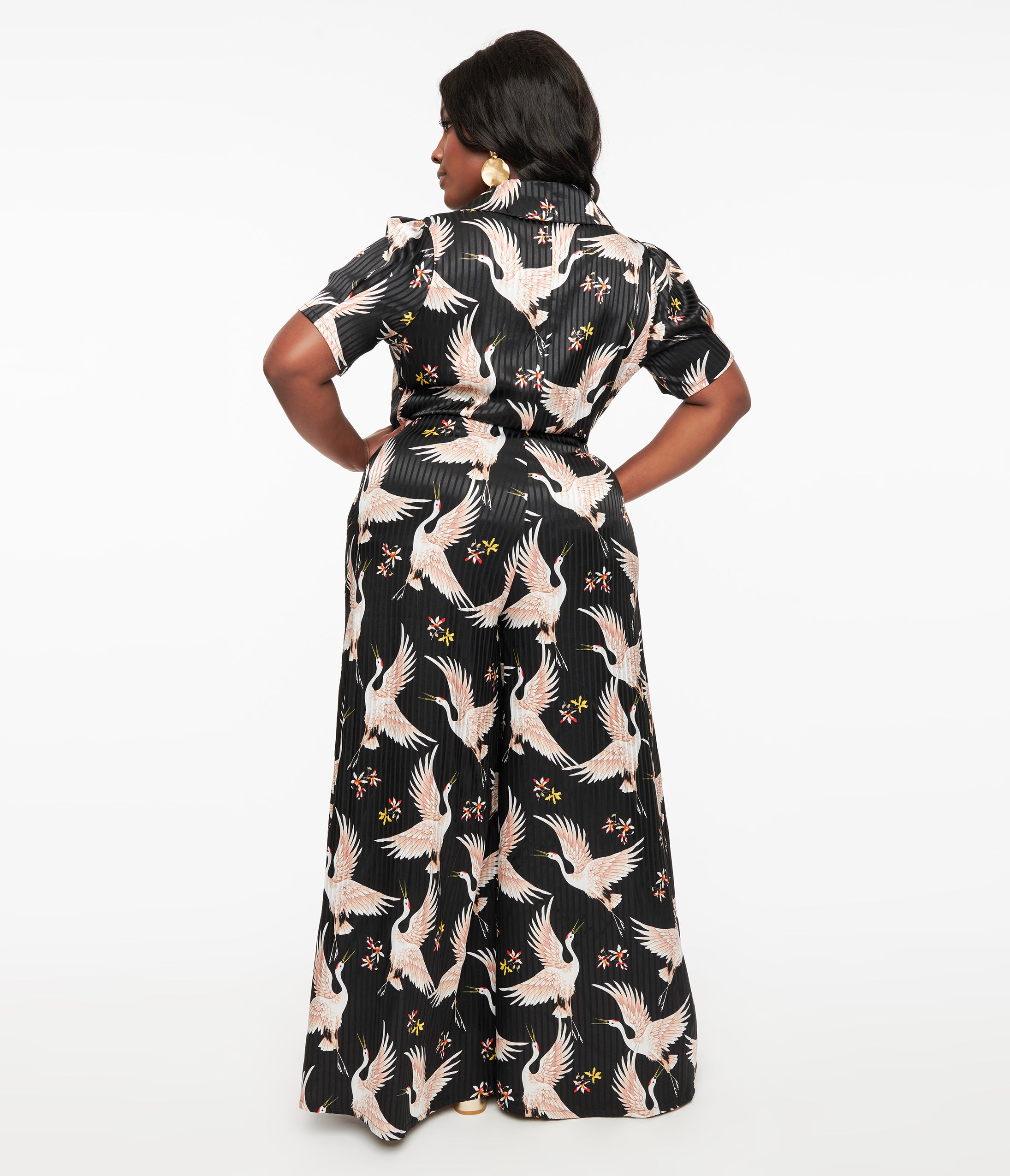 Unique Vintage 1940s Black & White Cranes Flare Jumpsuit(XS/2)