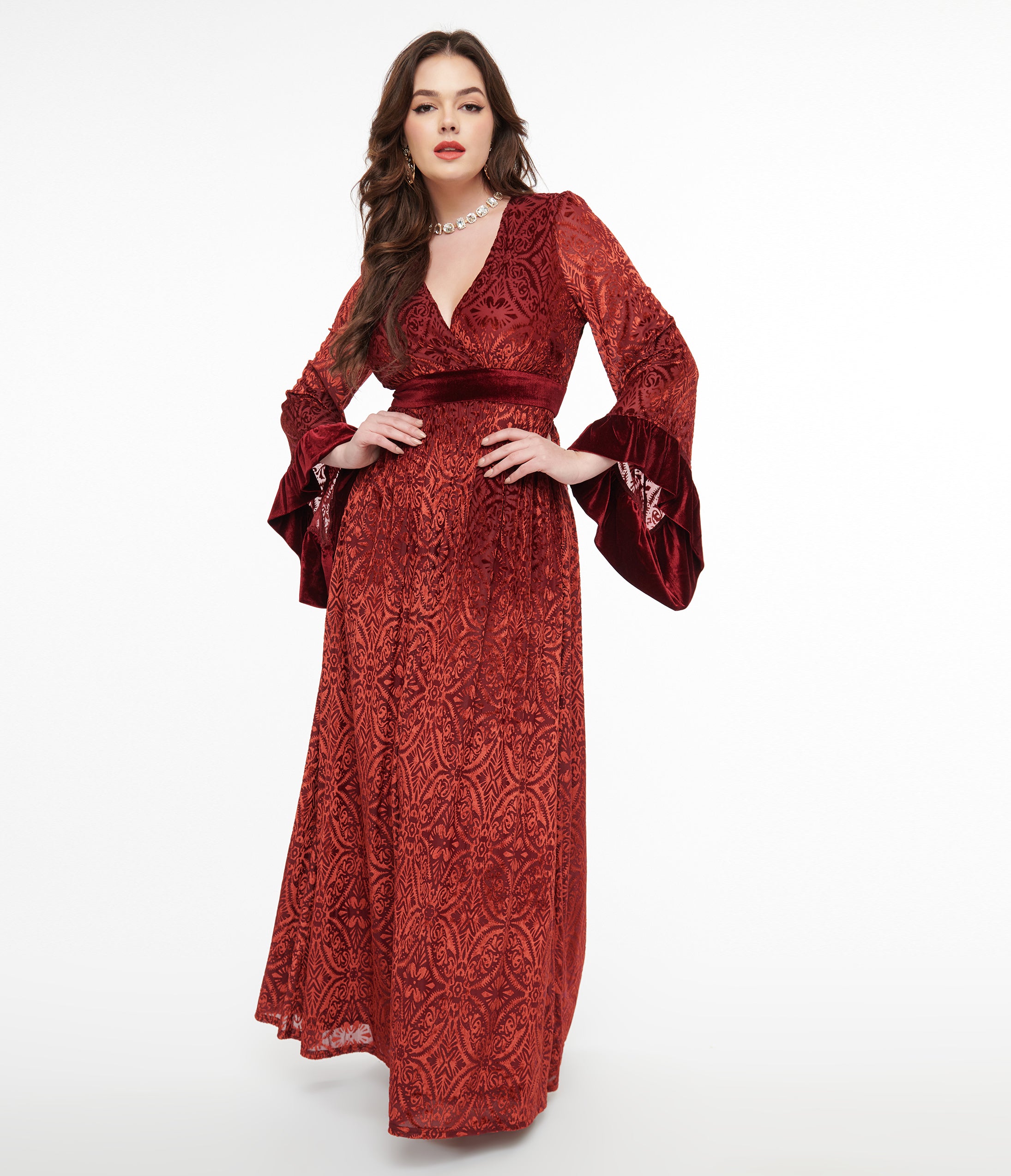 

Unique Vintage 1960S Burgundy Velvet Burnout Maxi Dress