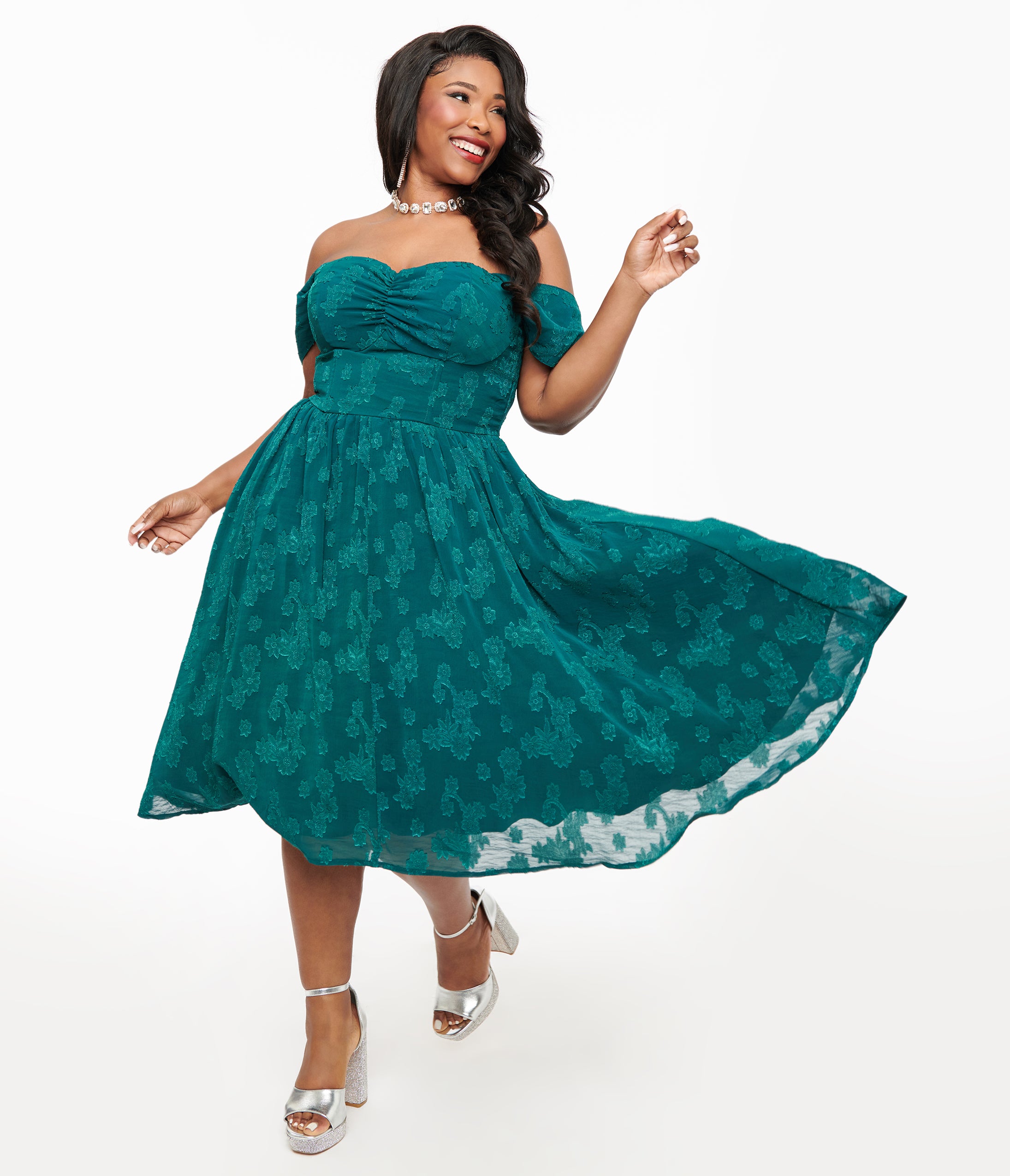 

Unique Vintage Plus Size 1950S Teal Jacquard Off Shoulder Flare Dress