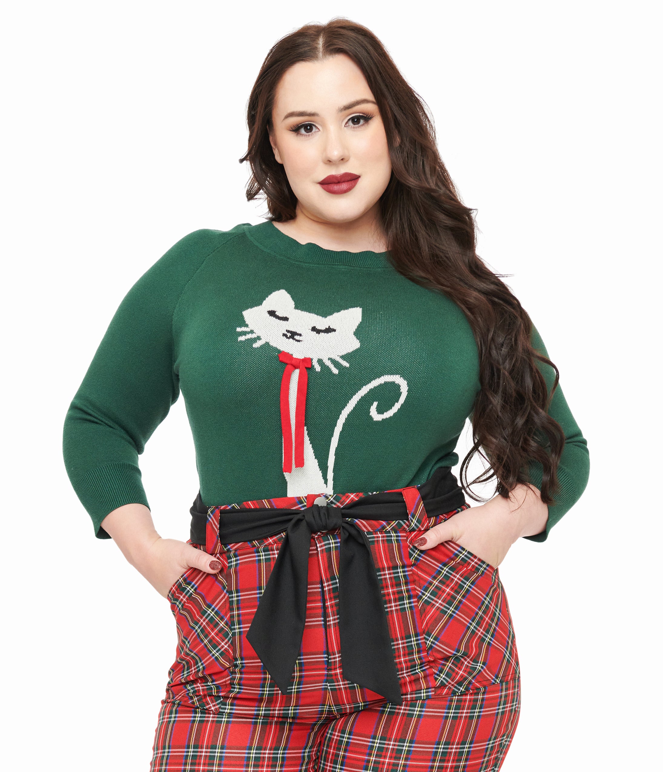 

Unique Vintage Plus Size 1960S Forest Green & Cream Cat Lorelai Sweater