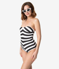 Barbie™ X acwashingmachines Black & White Chevron Stripe One Piece Bathing Suit