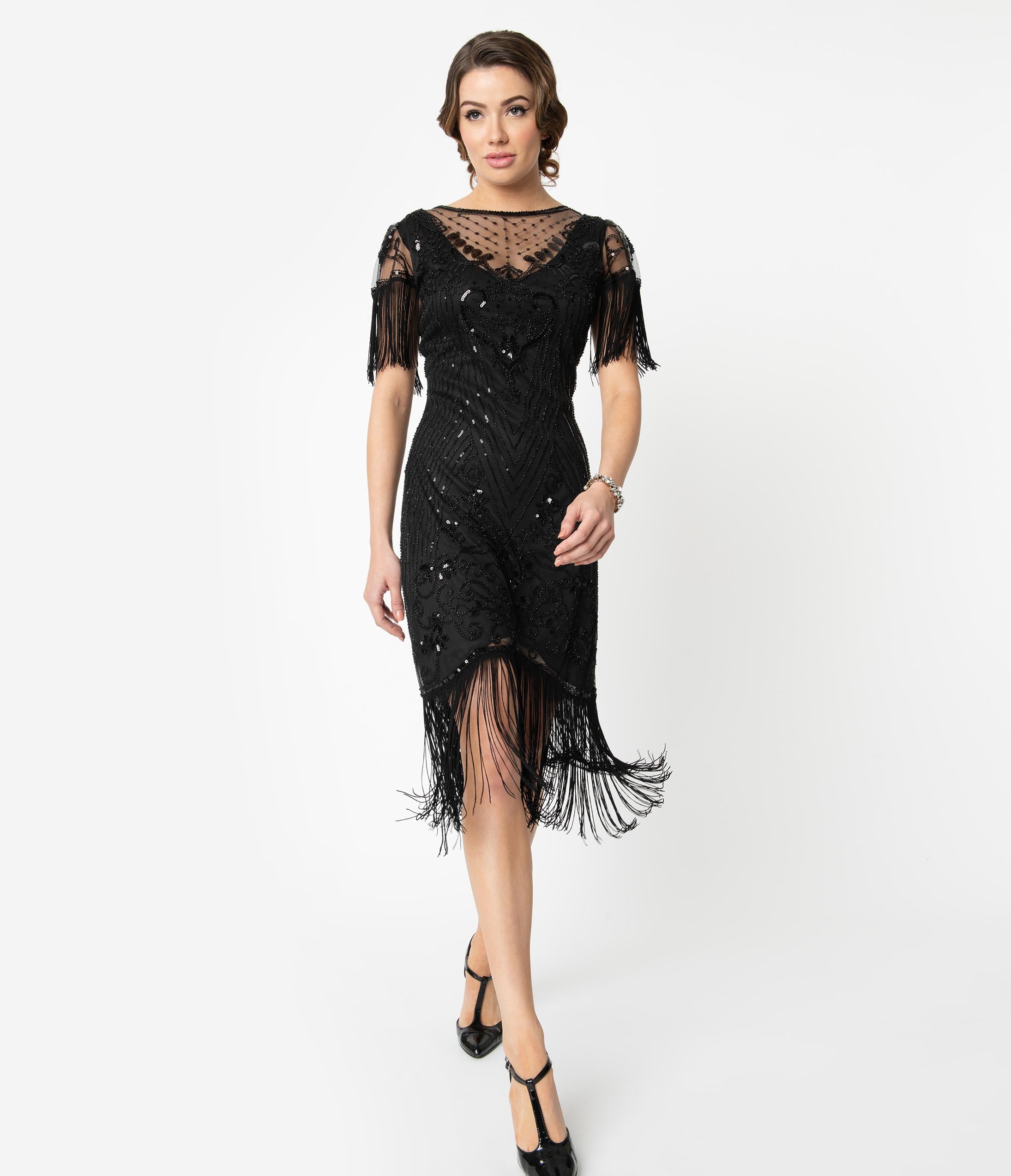 Unique Vintage 1920s Black Beaded Fringe Sleeve Nadine Flapper Dress(S/4)